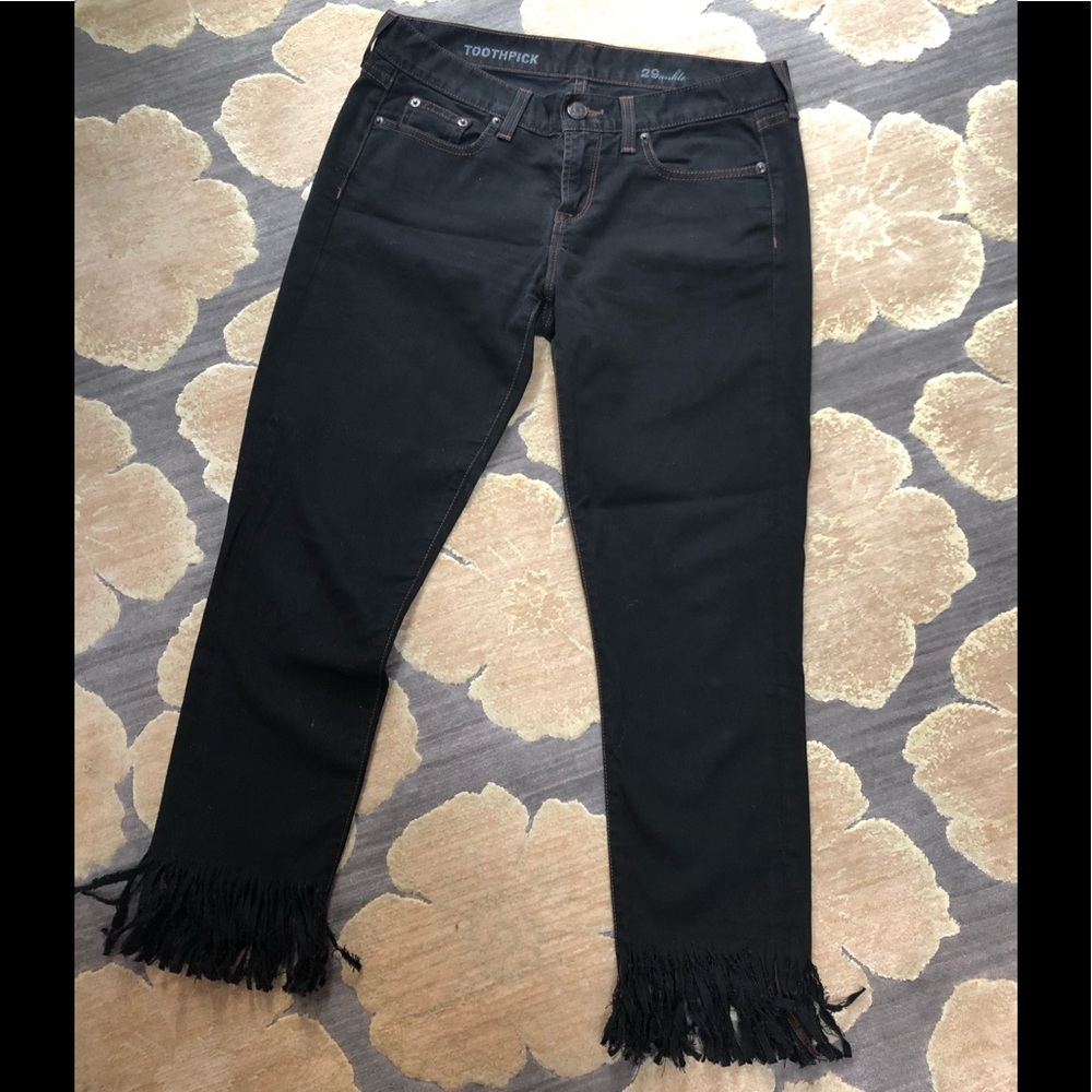 J. Crew, toothpick ankle black jeans. FRINGED!!